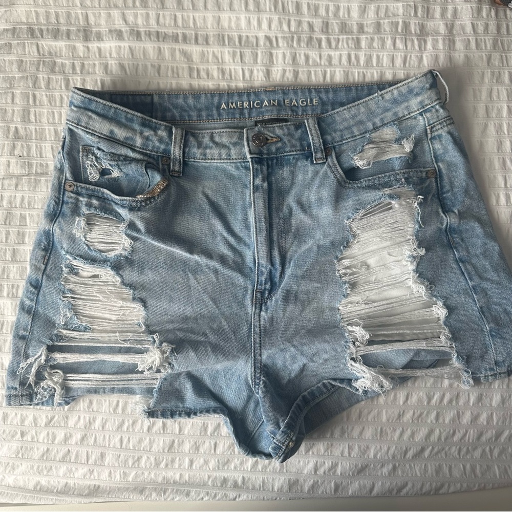 American Eagle Outfitters Women's Light Blue Distressed Shorts